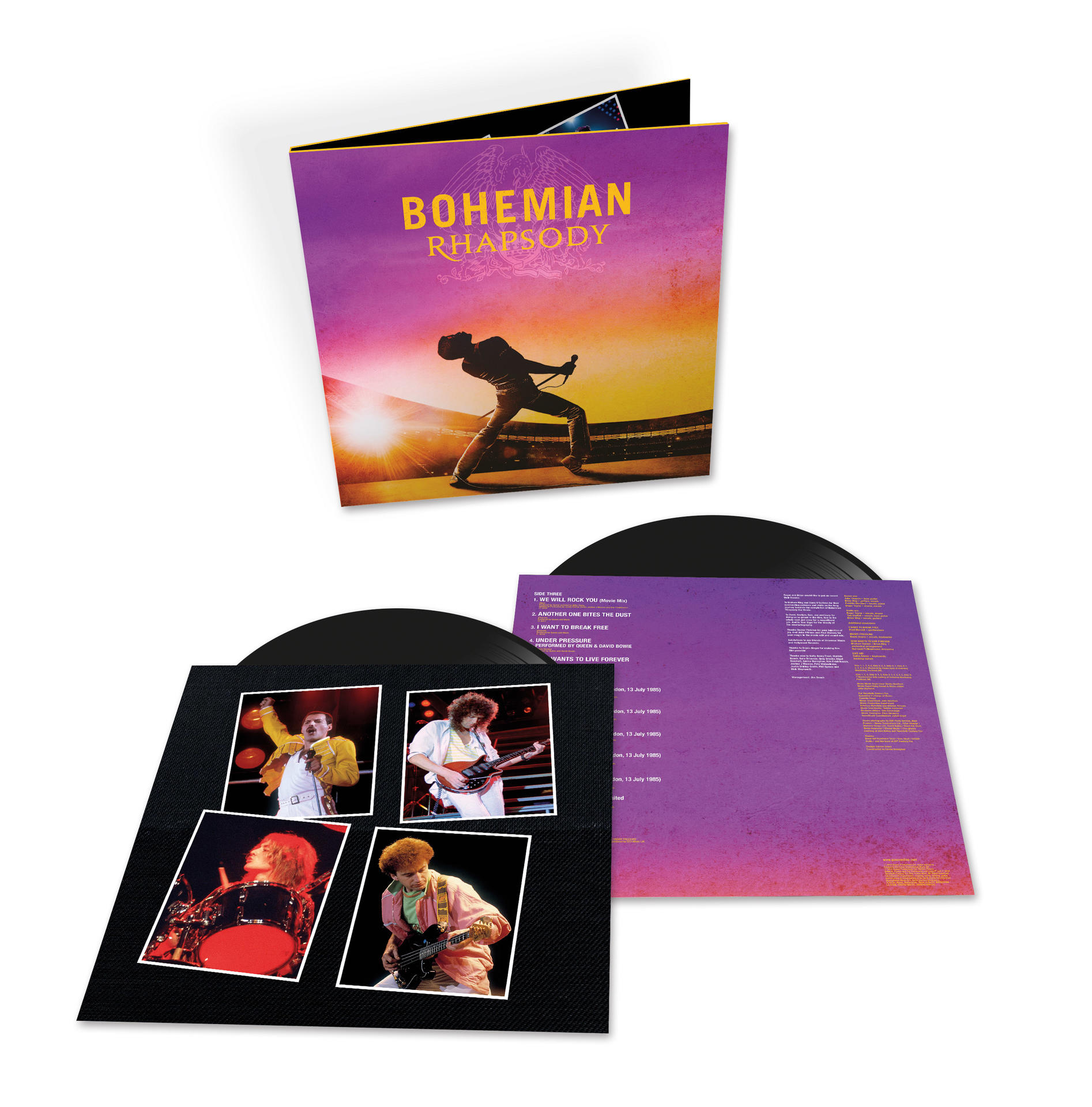 Pochette d'album avec des images et des détails du groupe Queen, avec un disque vinyle.