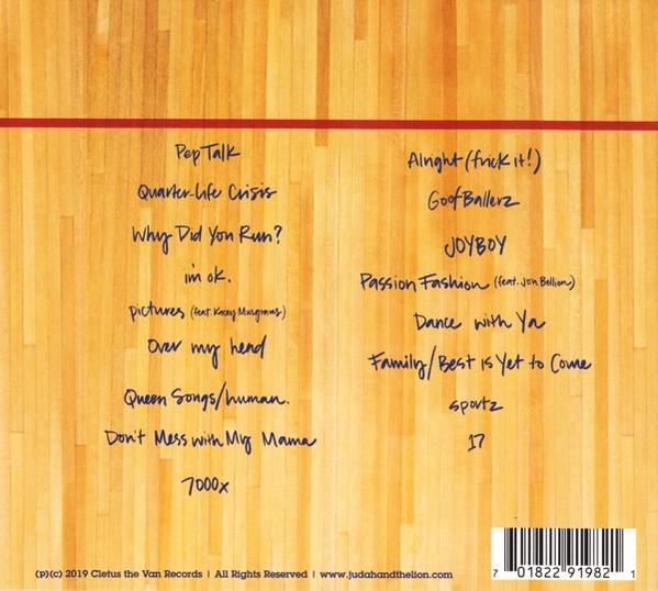 Album back cover, wooden background. Song titles are listed, with a band's name and record label.