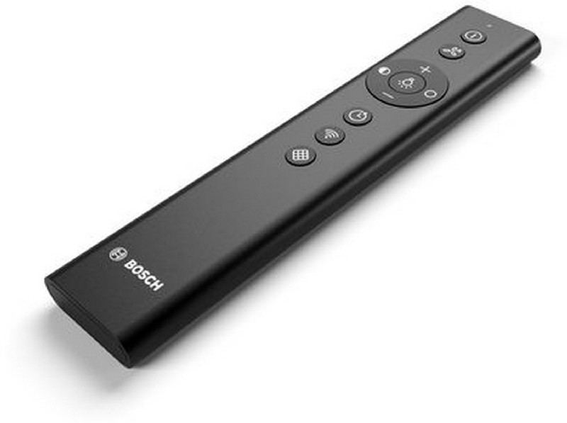 Mando a distancia Bosch negro. Botones de encendido, volumen y otras funciones.