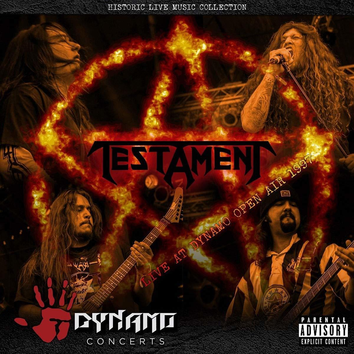 Album cover: Band Testament playing live. Text: Testament Dynamo Concerts.