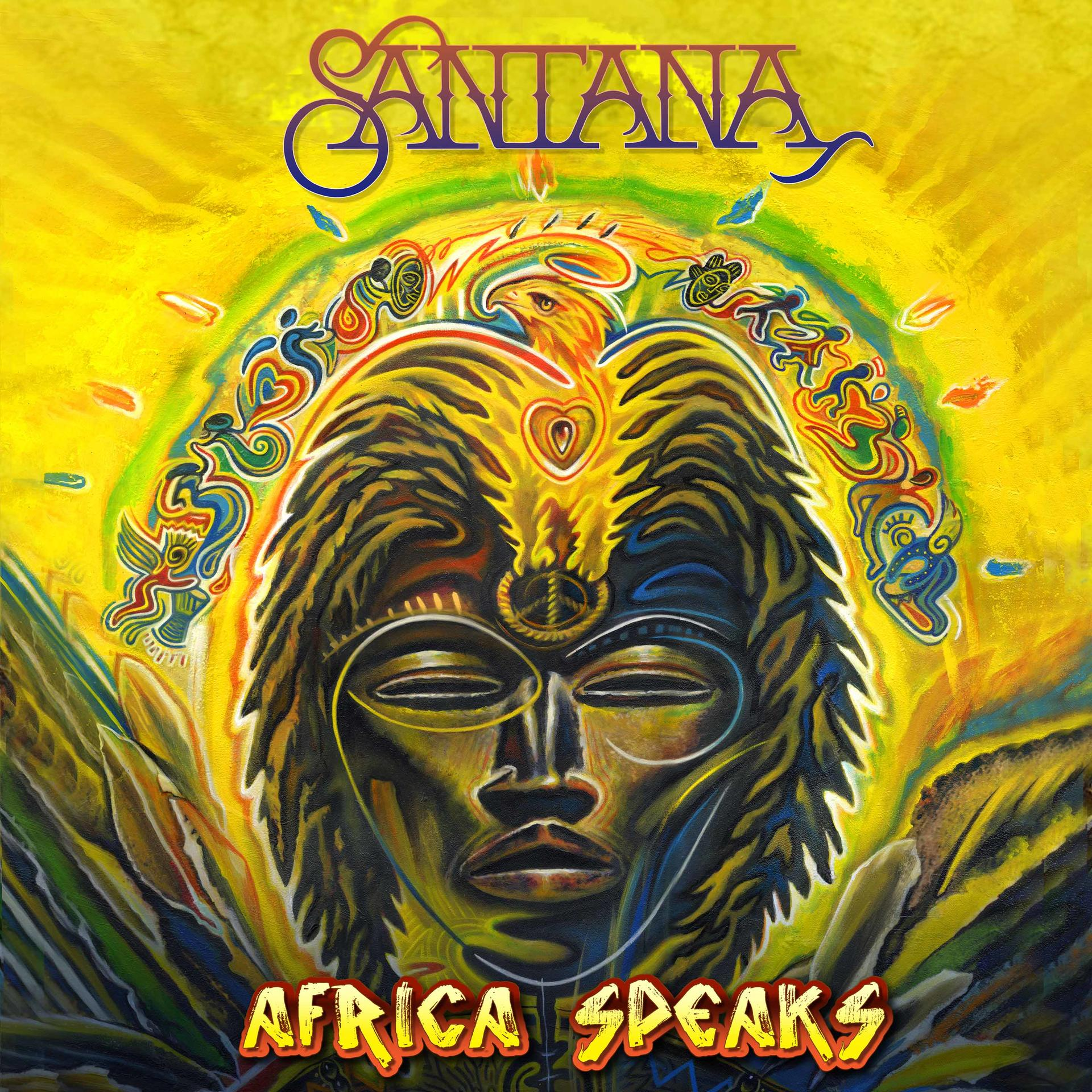 Albumhoes: een gestileerd gezicht, een gouden adelaar en de woorden 'SANTANA' en 'AFRICA SPEAKS'.