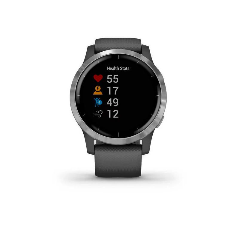Un reloj inteligente negro con una pantalla que muestra estadísticas de salud. El reloj tiene un bisel gris y una correa negra.