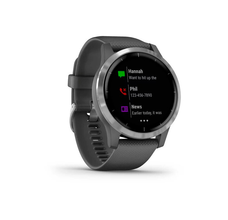 Smartwatch mostrando notificaciones. Correa gris y marco plateado.