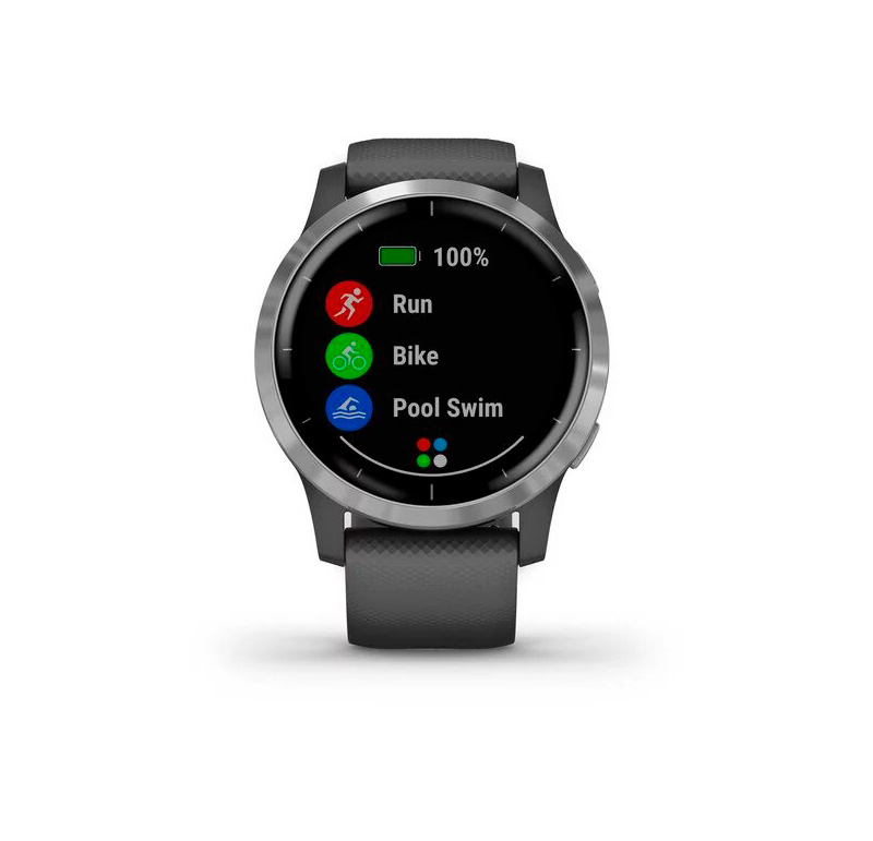 Smartwatch con una correa negra, mostrando iconos de correr, bicicleta y natación.