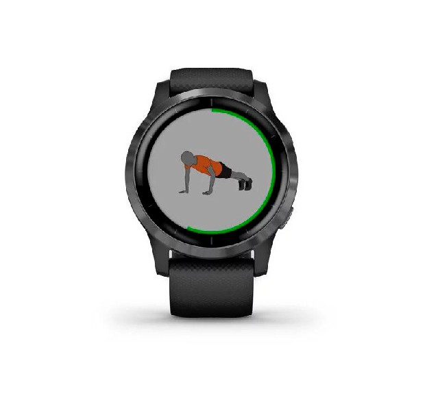 Reloj deportivo negro que muestra una animación de ejercicio de flexiones sobre un fondo blanco.