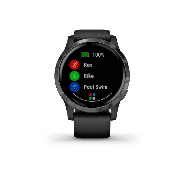 Un smartwatch Garmin negro que muestra las opciones de correr, bicicleta y natación en su pantalla.