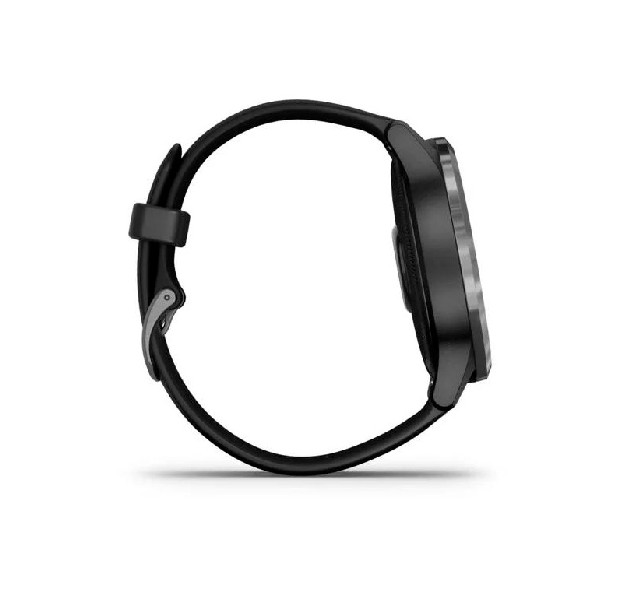 Vista lateral de un smartwatch Garmin negro con correa negra. El reloj está sobre un fondo blanco.