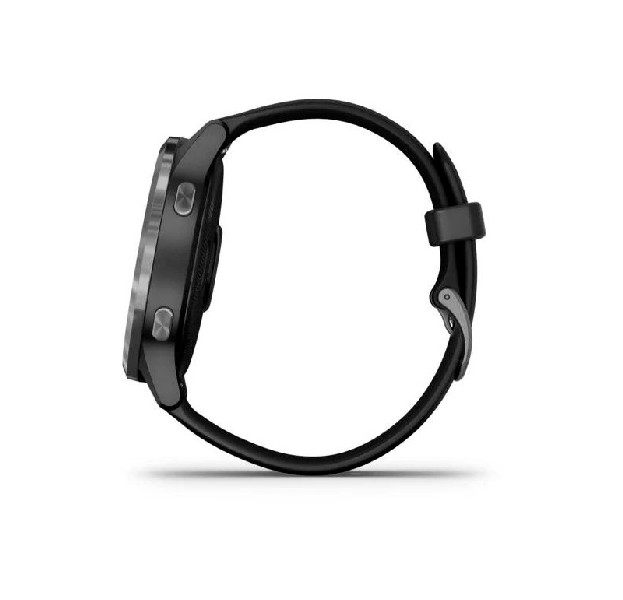 Reloj inteligente negro con correa negra, vista lateral. Dos botones laterales.