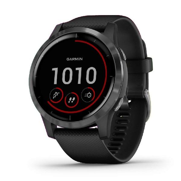 Reloj inteligente negro. La pantalla muestra la hora y algunos iconos de seguimiento de actividad.