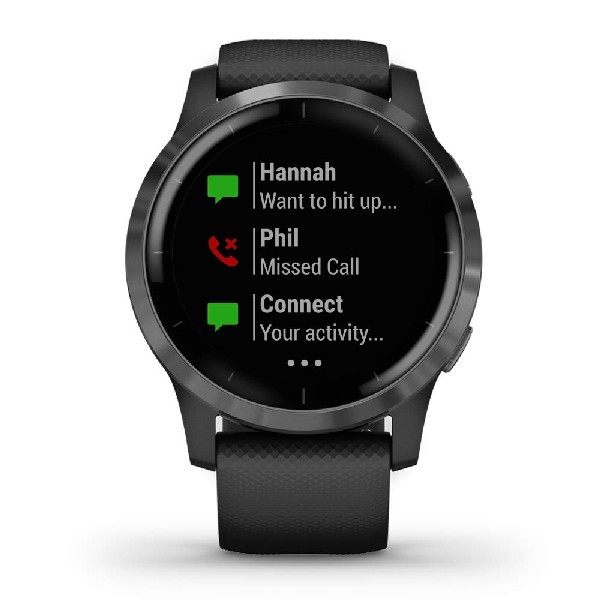 Reloj inteligente negro con mensajes: Hannah, Phil (perdida), Conectar. Correa negra.