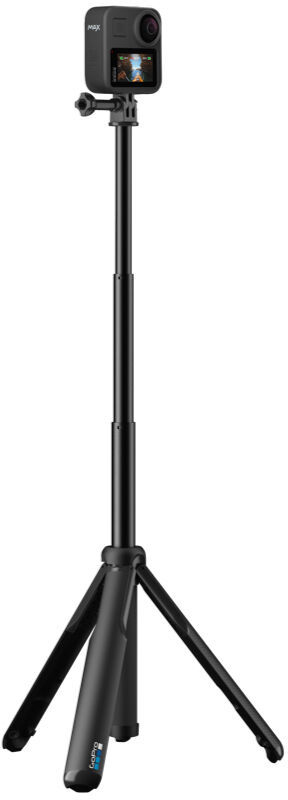 Schwarze 360-Grad-Kamera auf einem Stativ mit schwarzem Teleskopstiel. Der Bildschirm ist an.