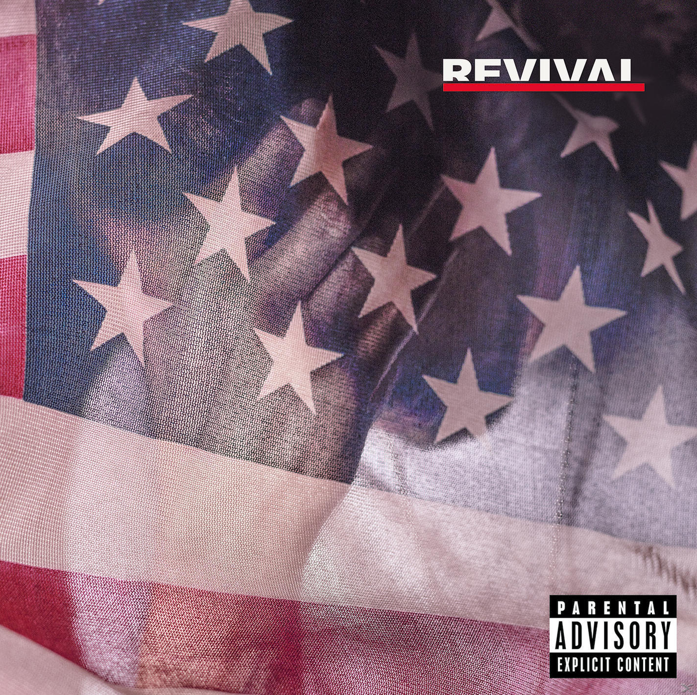 Albumcover mit der amerikanischen Flagge und einer Hand. Text sagt 'Revival'. Logo für elterliche Beratung.