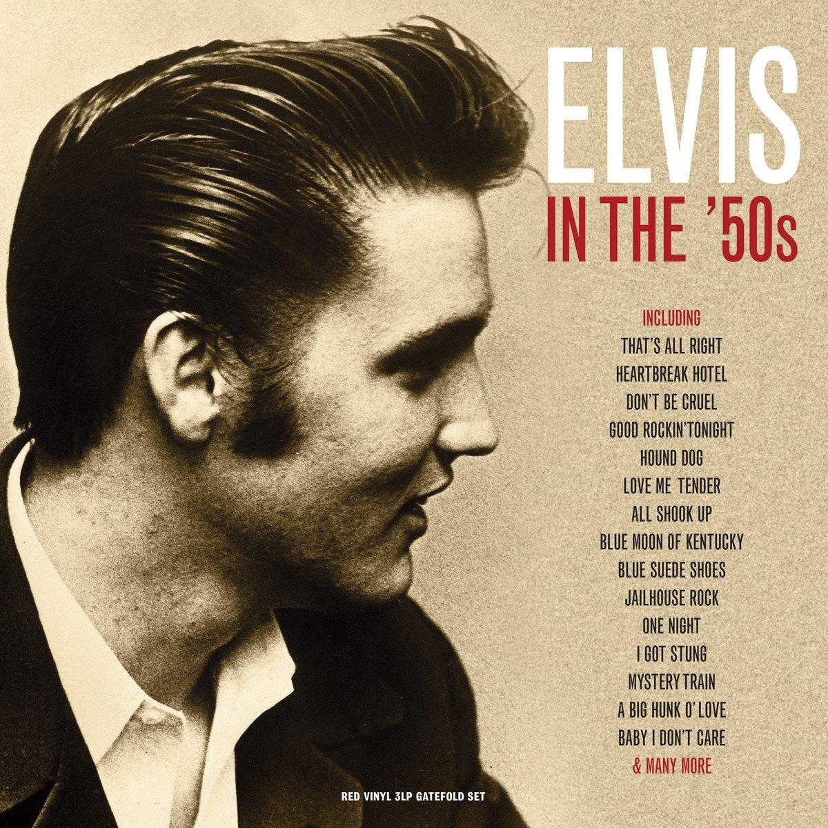 Elvis Presley album borítója. Elvis profilja látható a 'ELVIS IN THE '50s' felirattal, vastag betűkkel.