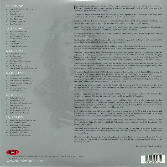 Eine Seite mit Text über Edith Piaf, mit Details und einem Plattenlabel.