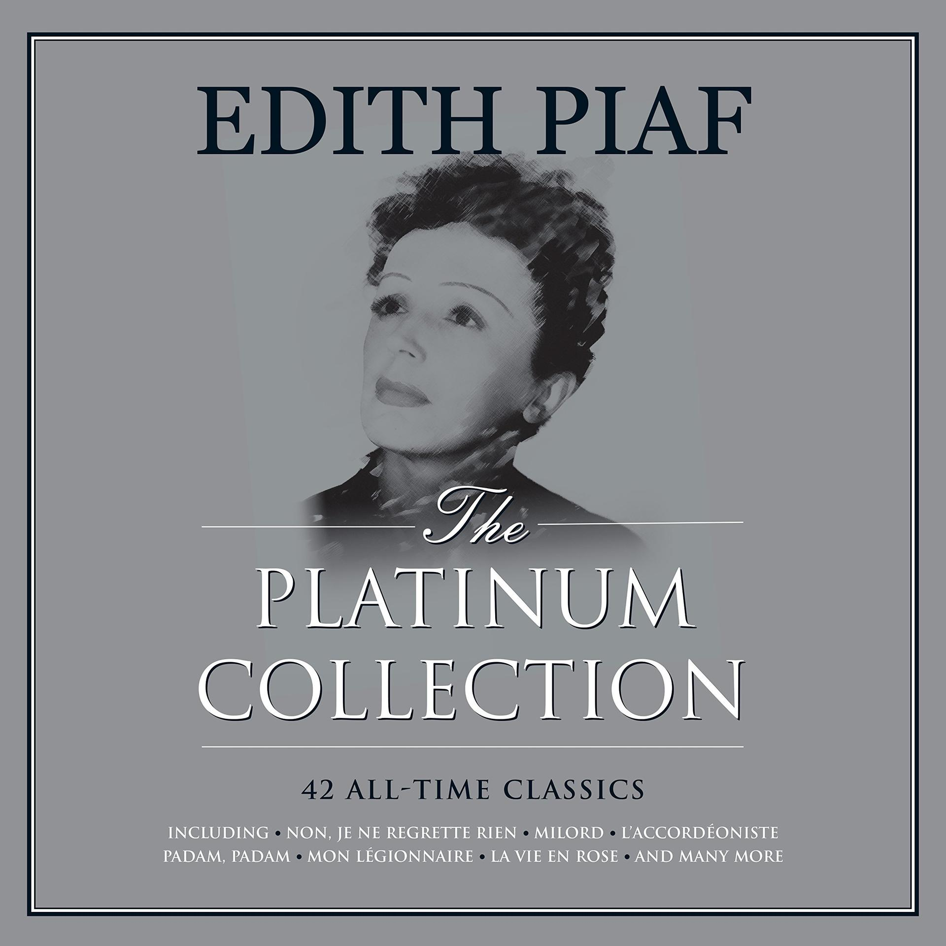 Albumcover für Edith Piafs Platinum Collection. Ein Schwarz-Weiß-Porträt von ihr wird gezeigt.