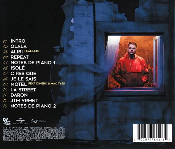 Dos de l'album avec un homme regardant par la fenêtre, une liste des titres et du texte.