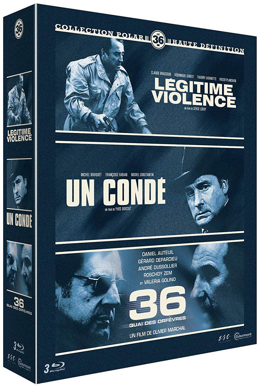 Coffret de films. Trois films et des acteurs sur la couverture. Texte : Legitime Violence, Un Conde, 36.