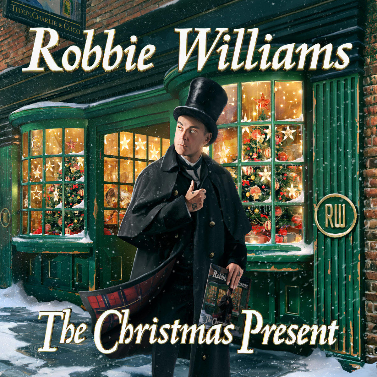 Robbie Williams Albumcover. Mann mit Zylinder vor einem für Weihnachten dekorierten Geschäft.