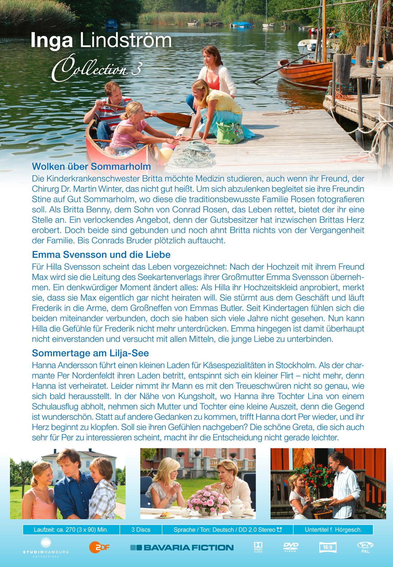 Rückseite einer DVD mit Text und Bildern, die eine Familie auf einem See zeigen.
