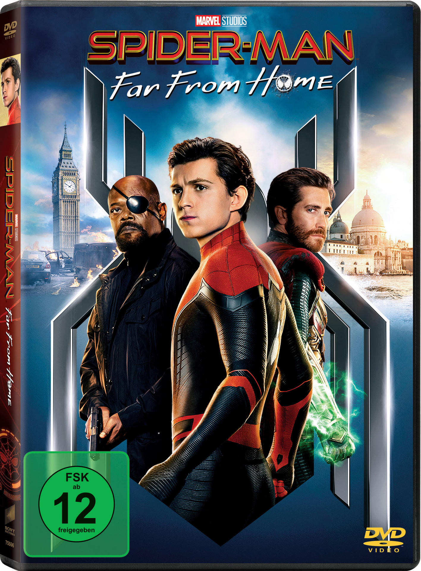 DVD-Cover, Spider-Man, Schauspieler und Hintergrund. Grünes FSK-Logo unten links.