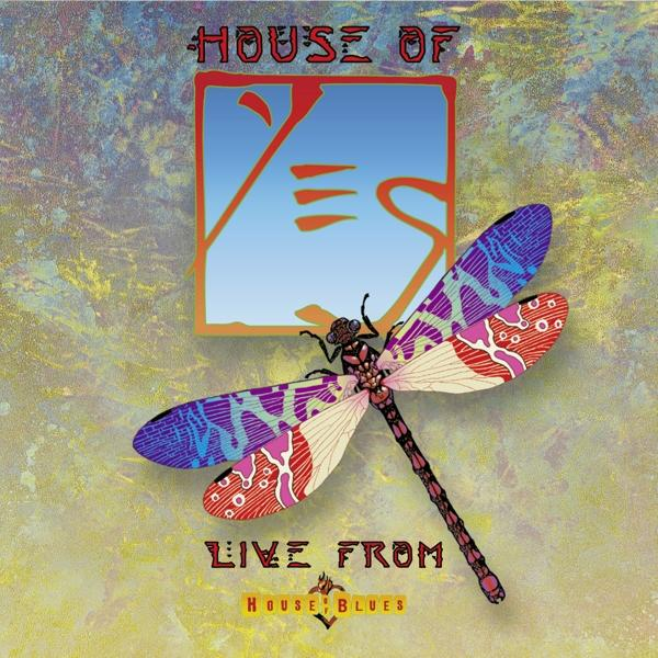 House of Blues Albumcover. Ein Libellen-Design mit Text und einem blauen Quadrat. Live from House of Blues.