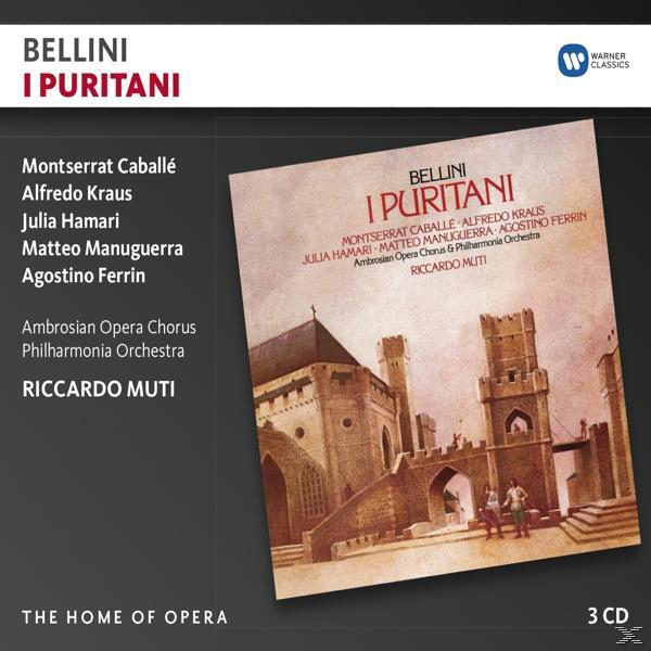 Albumcover, 'I Puritani' mit Text, Bildern des Opernhauses und Auflistung der Künstlernamen.
