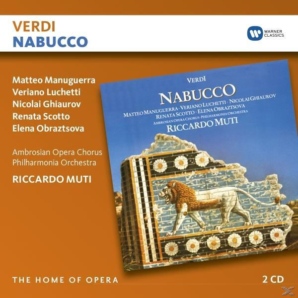 Verdis Nabucco Albumcover. Opernalbumcover mit Löwen, Säulen und Text.