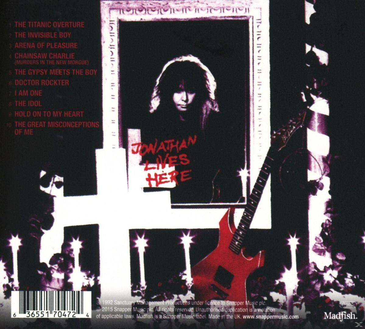Albumcover. Foto eines Mannes in einem Rahmen, eine rote Gitarre und eine Titelliste. Kreuze im Hintergrund.