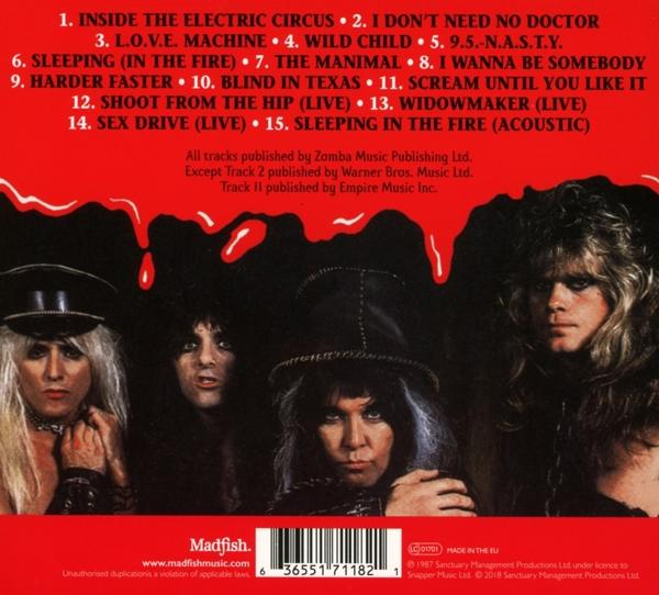 Rückseite des Albums mit Bandmitgliedern und Titelliste. Roter Hintergrund.