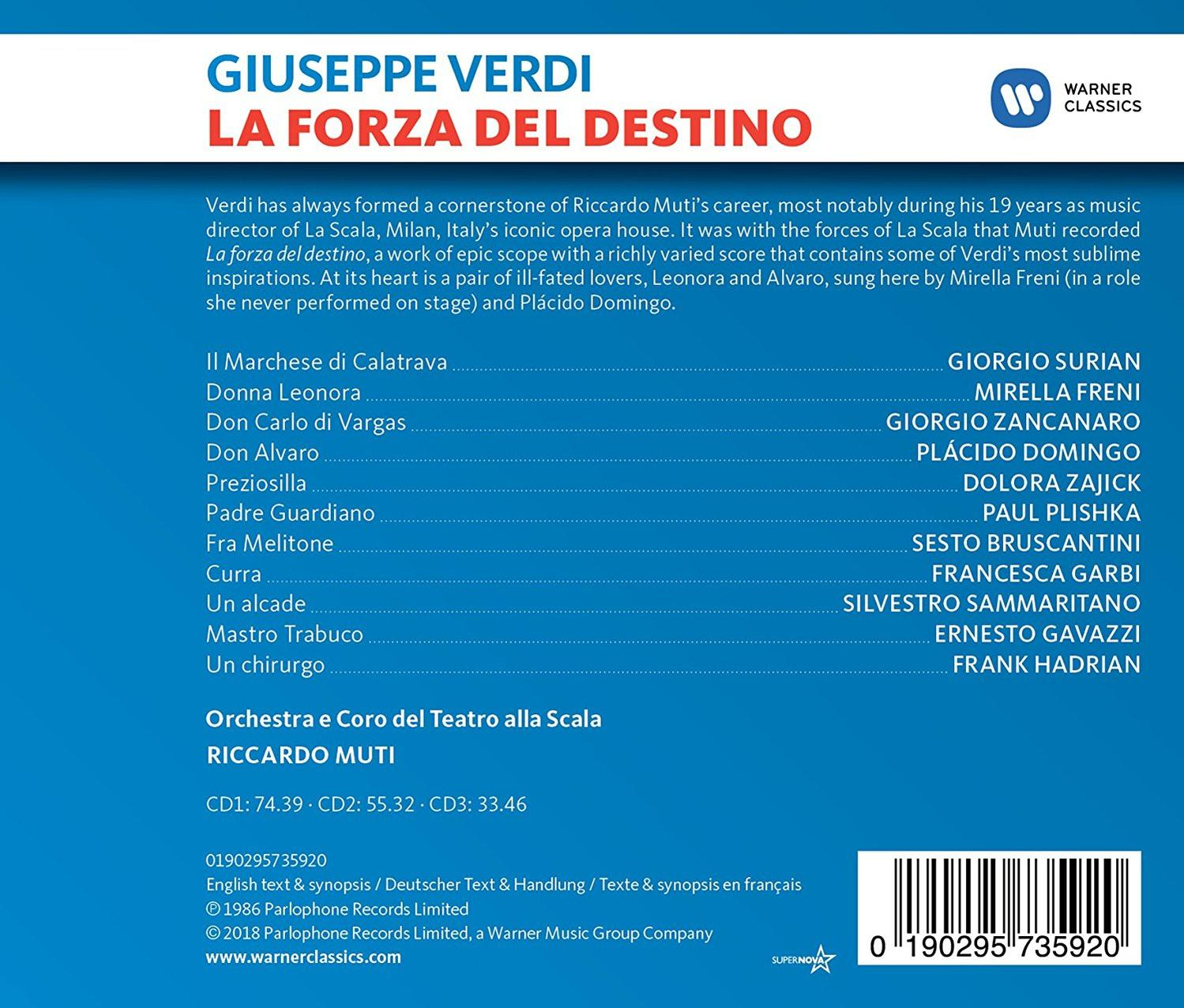 Rückseite einer Verdi-Opern-CD mit Besetzungsliste, italienischen Texten und Warner Classics-Logo.