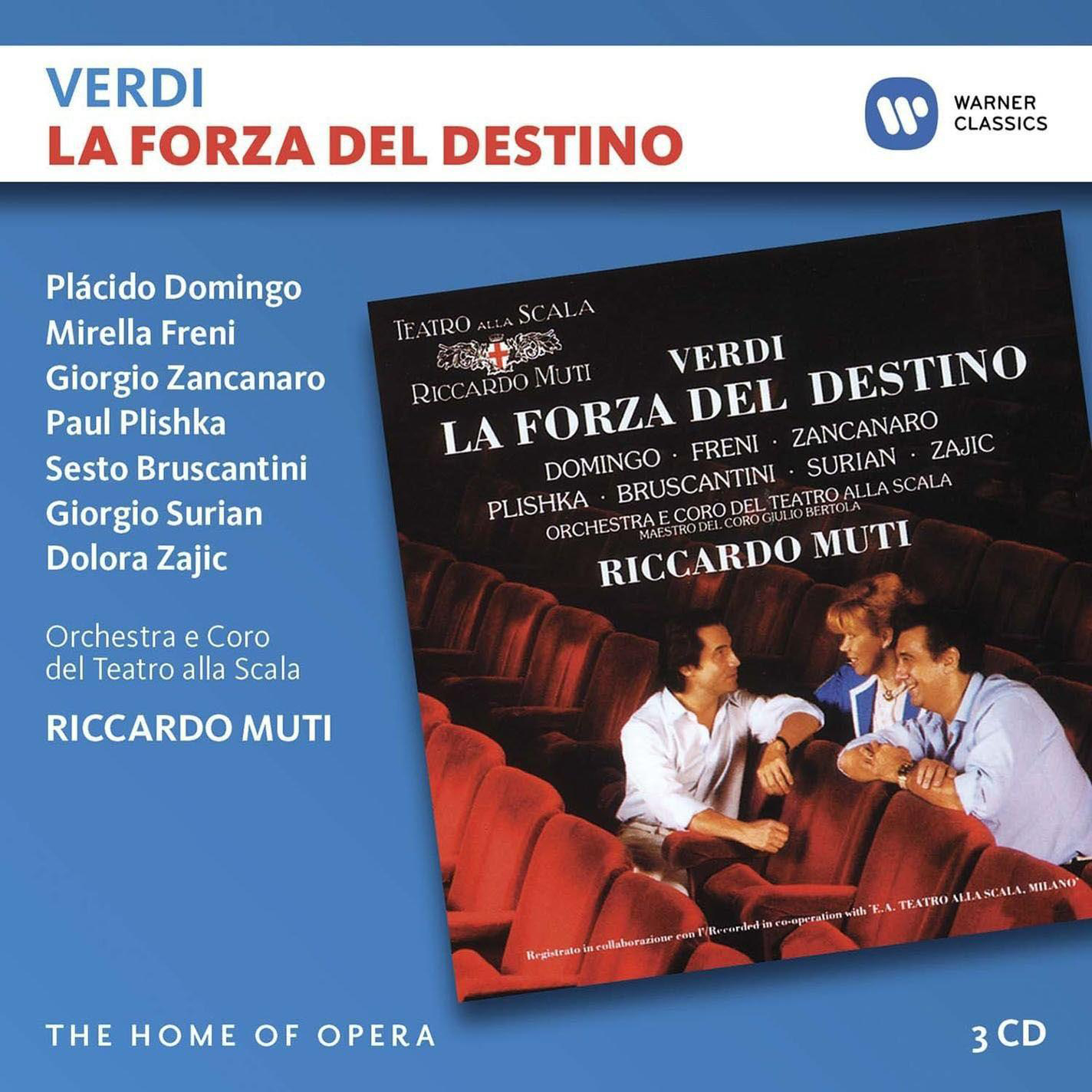 Albumcover. Italienischer Text: Verdi, La Forza del Destino. Mit einer Szene aus einer Opernaufführung.