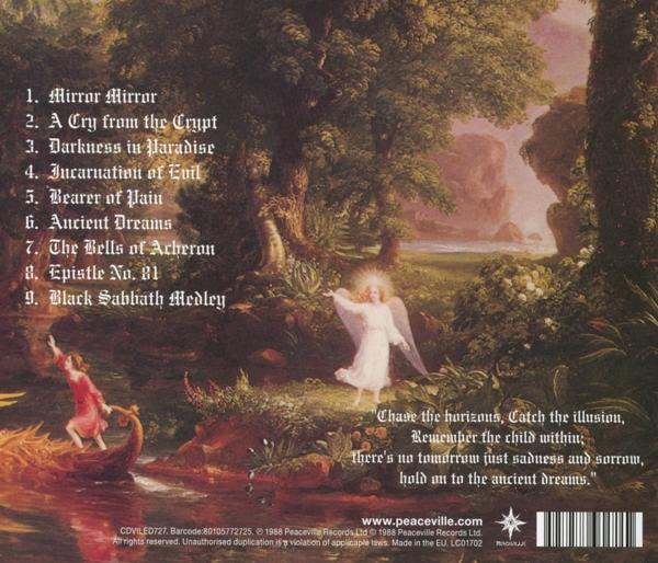 Albumcover mit einem Gemälde eines Engels, Bäumen und Text unten.