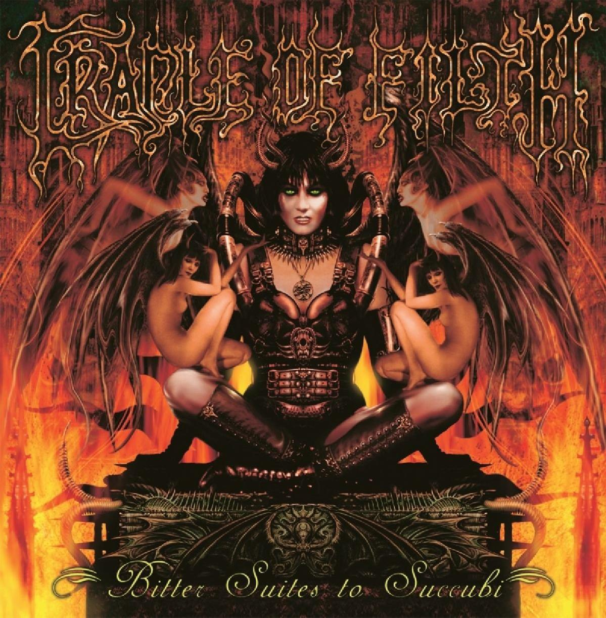 Albumcover: Eine Frau mit Hörnern, umgeben von Figuren, mit dem Text "Bitter Suites to Succubi."