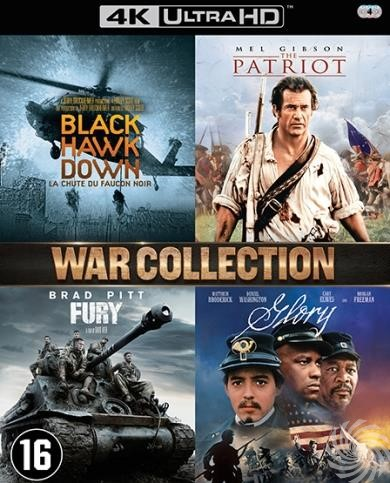 Een oorlogsfilmcollectie met covers van 'Black Hawk Down', 'The Patriot', 'Fury' en 'Glory'. Bevat acteurs en titels.