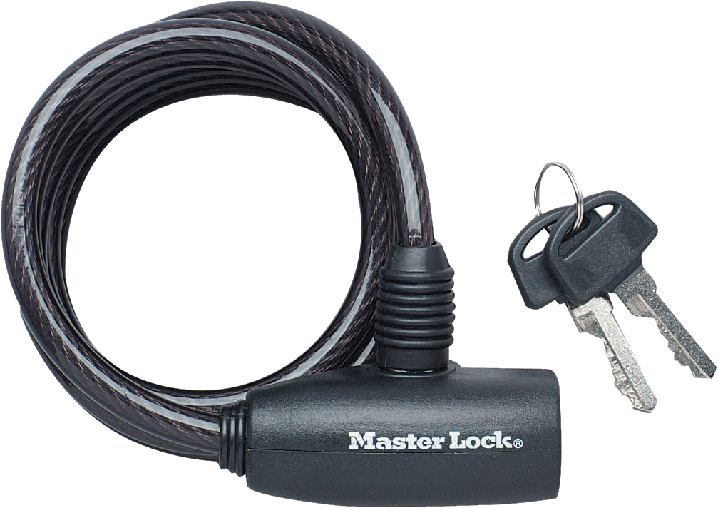 Fekete Master Lock kábelzár kulcsokkal fehér háttérrel.