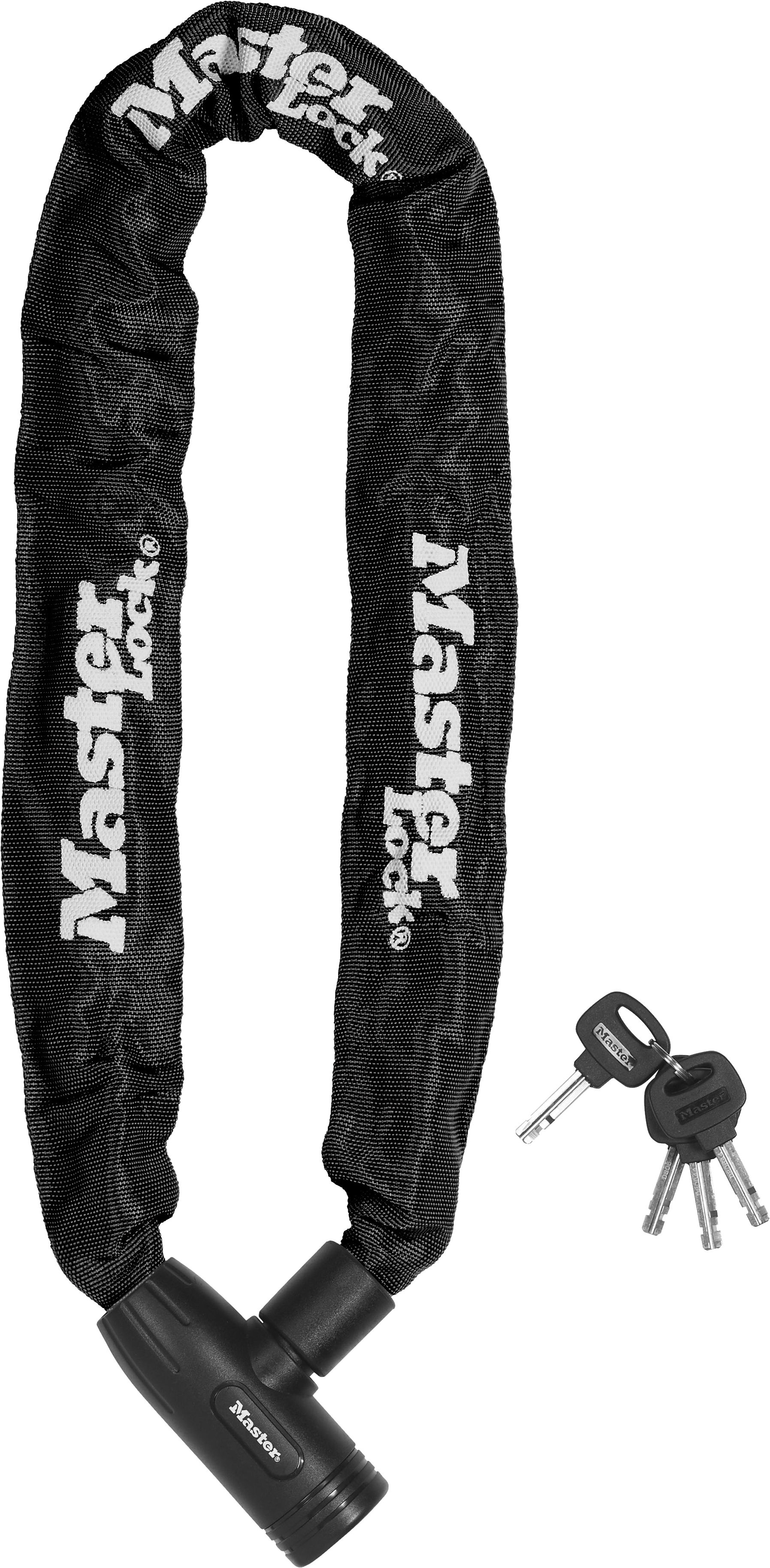 Fekete láncos zár, rajta a Master Lock márkanévvel, három kulccsal.