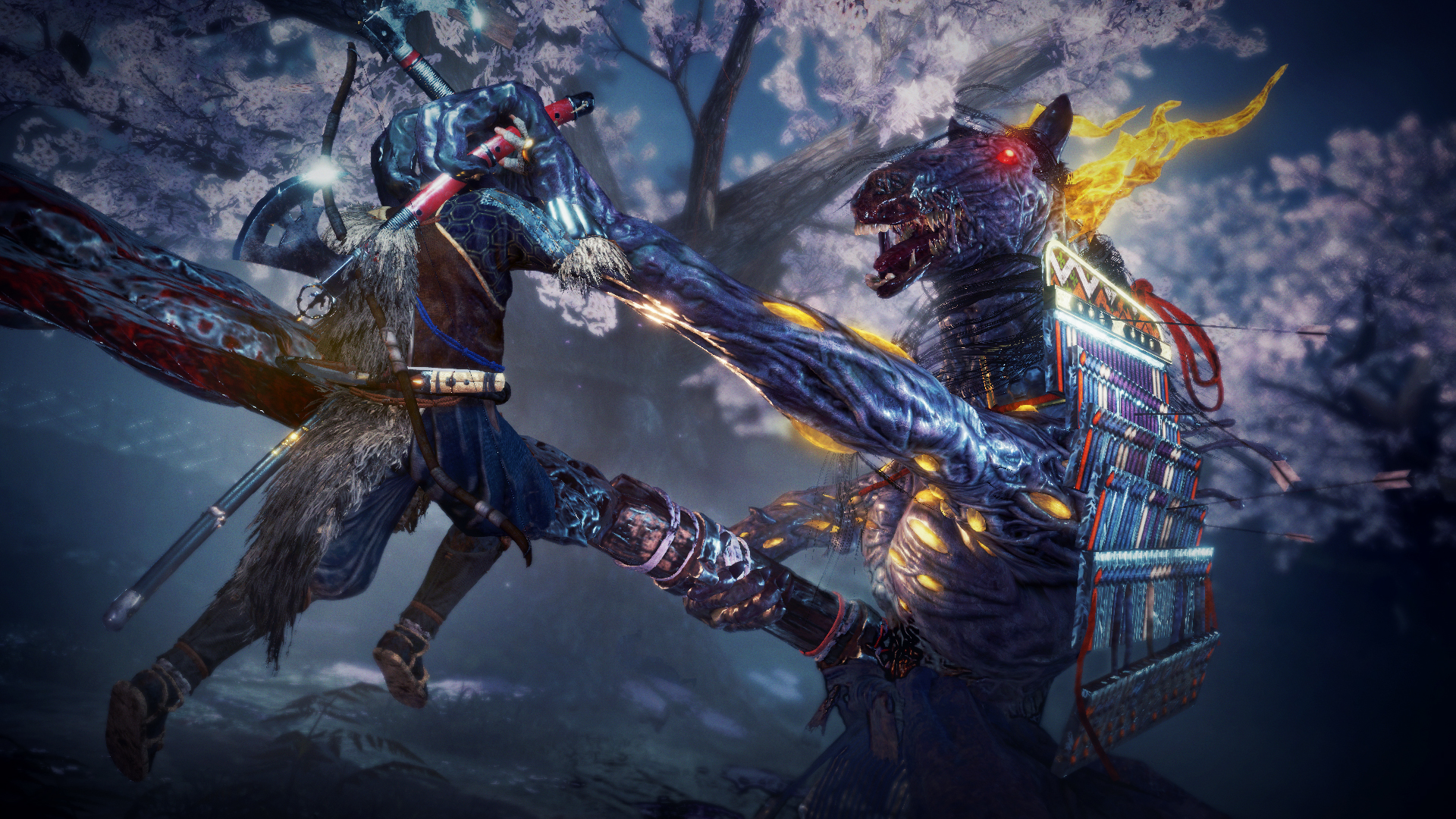 Un guerrier en armure bleue combat un monstre chevalin avec des flammes.
