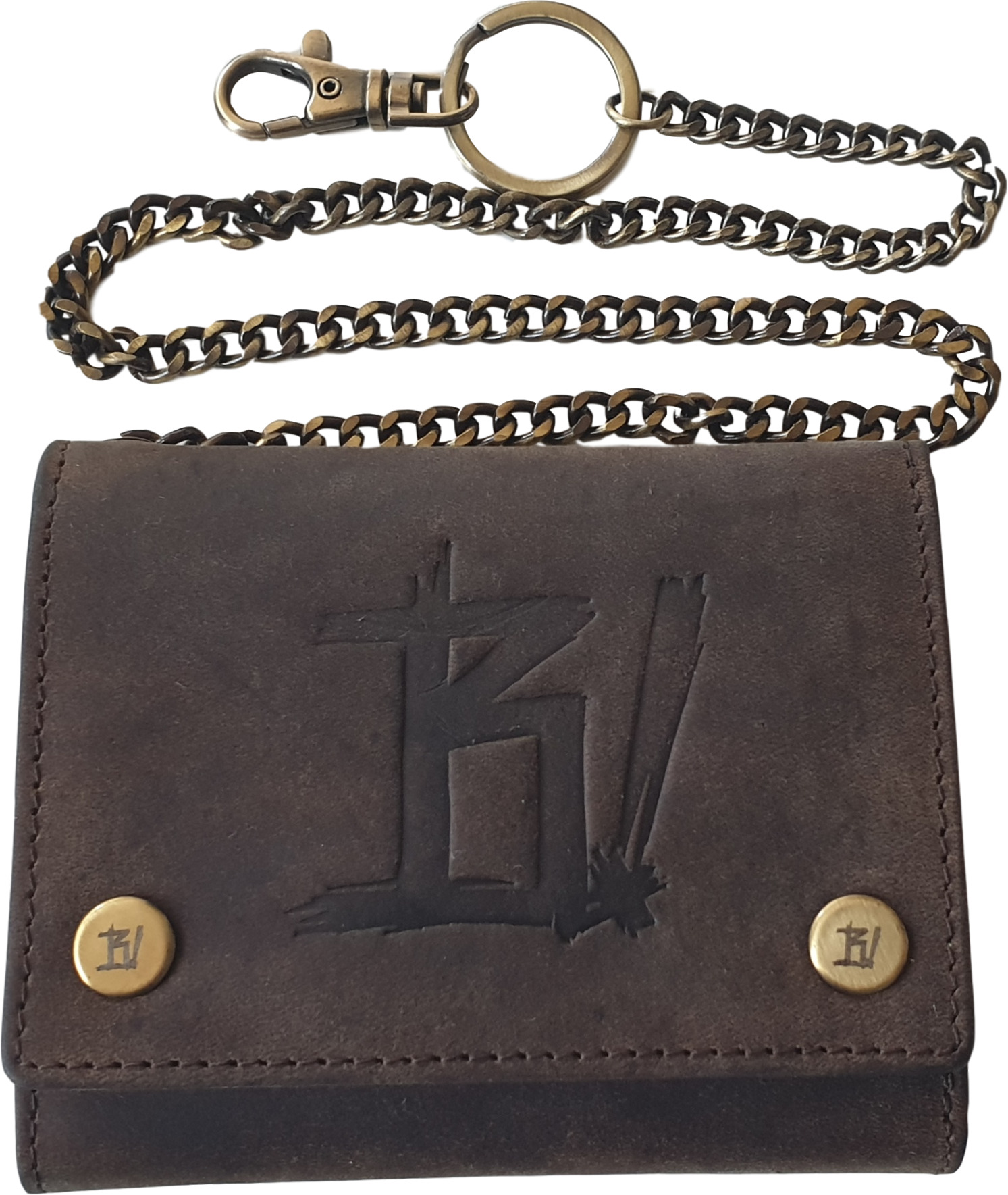 Ledergeldbörse mit Kette. Dunkelbraun, mit Logo und Druckknöpfen.