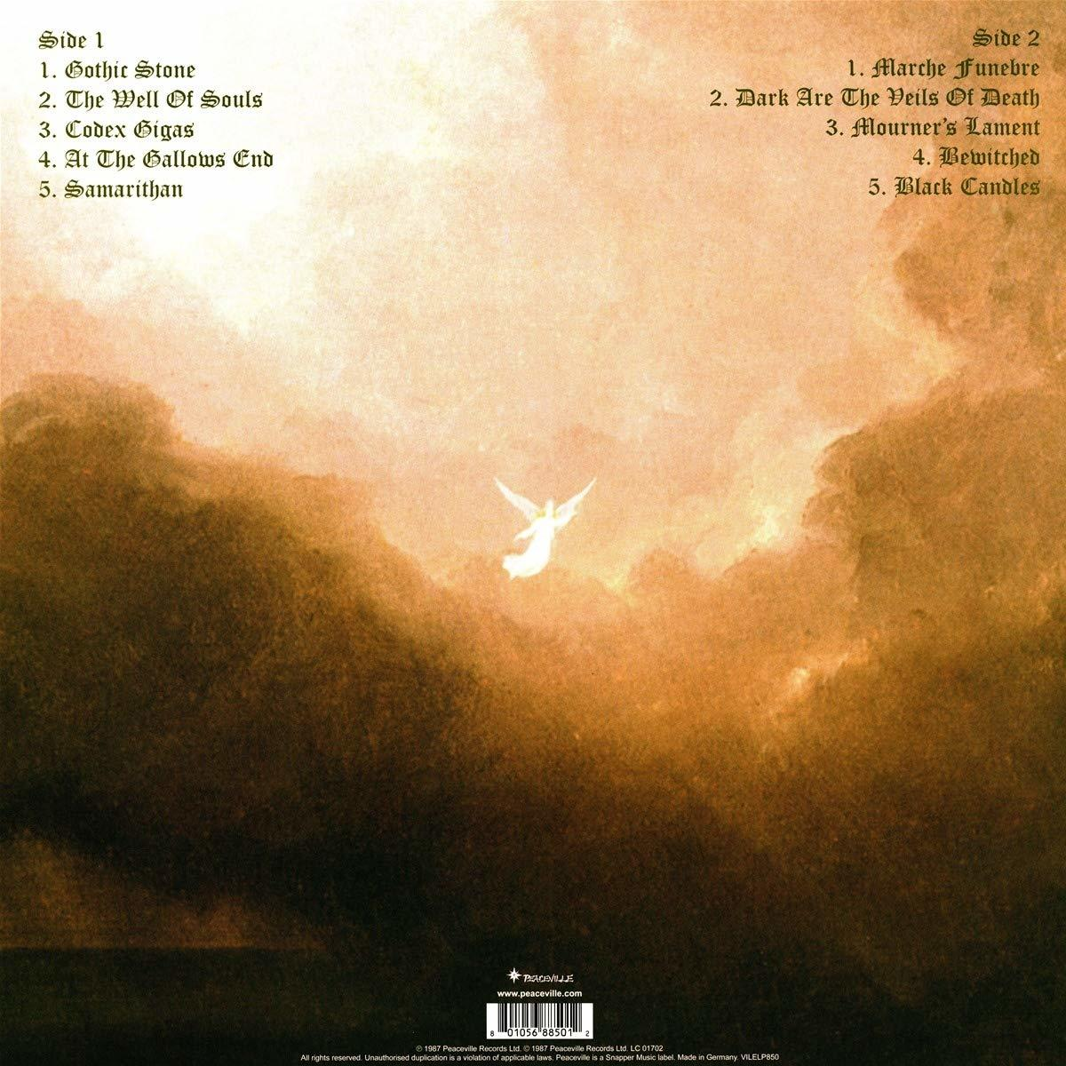 Albumcover mit Engel am Himmel, Text und gold-braunem Hintergrund.