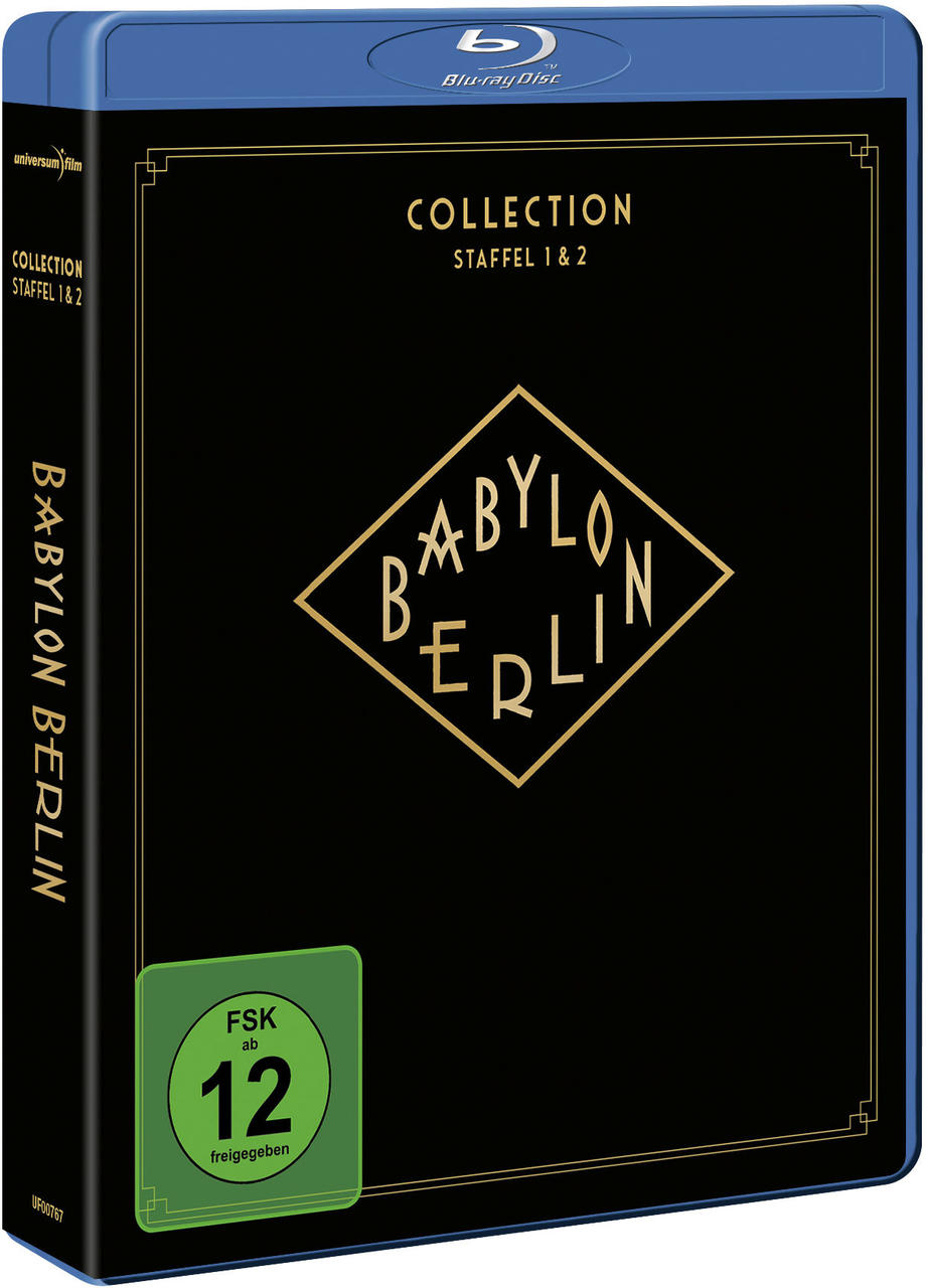 Blu-ray Box von 'Babylon Berlin' Staffel 1 & 2, schwarzes Gehäuse, grüne Bewertung.
