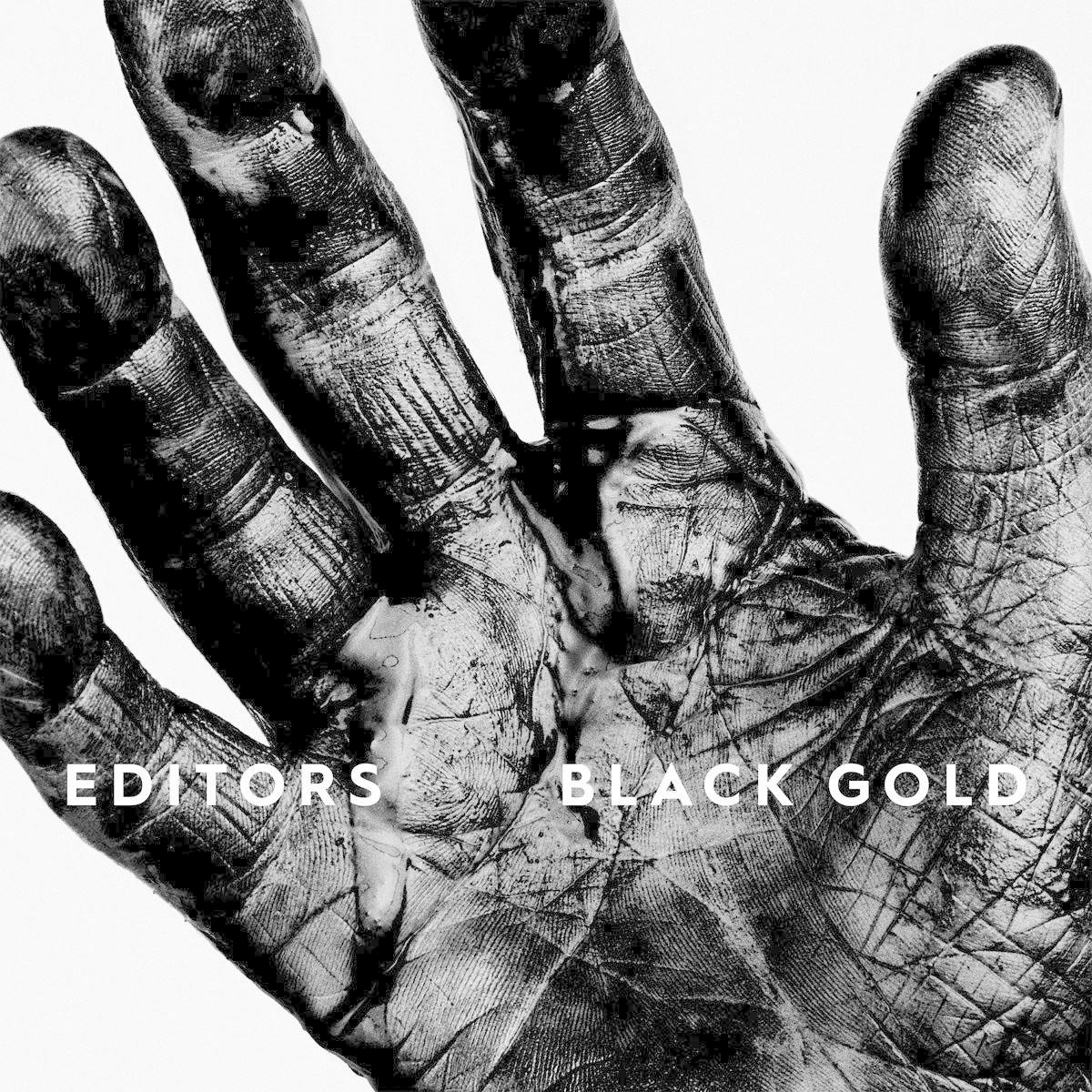 Albumcover: schwarze Hand mit schwarzer Farbe bedeckt, mit dem Text 'EDITORS BLACK GOLD'.
