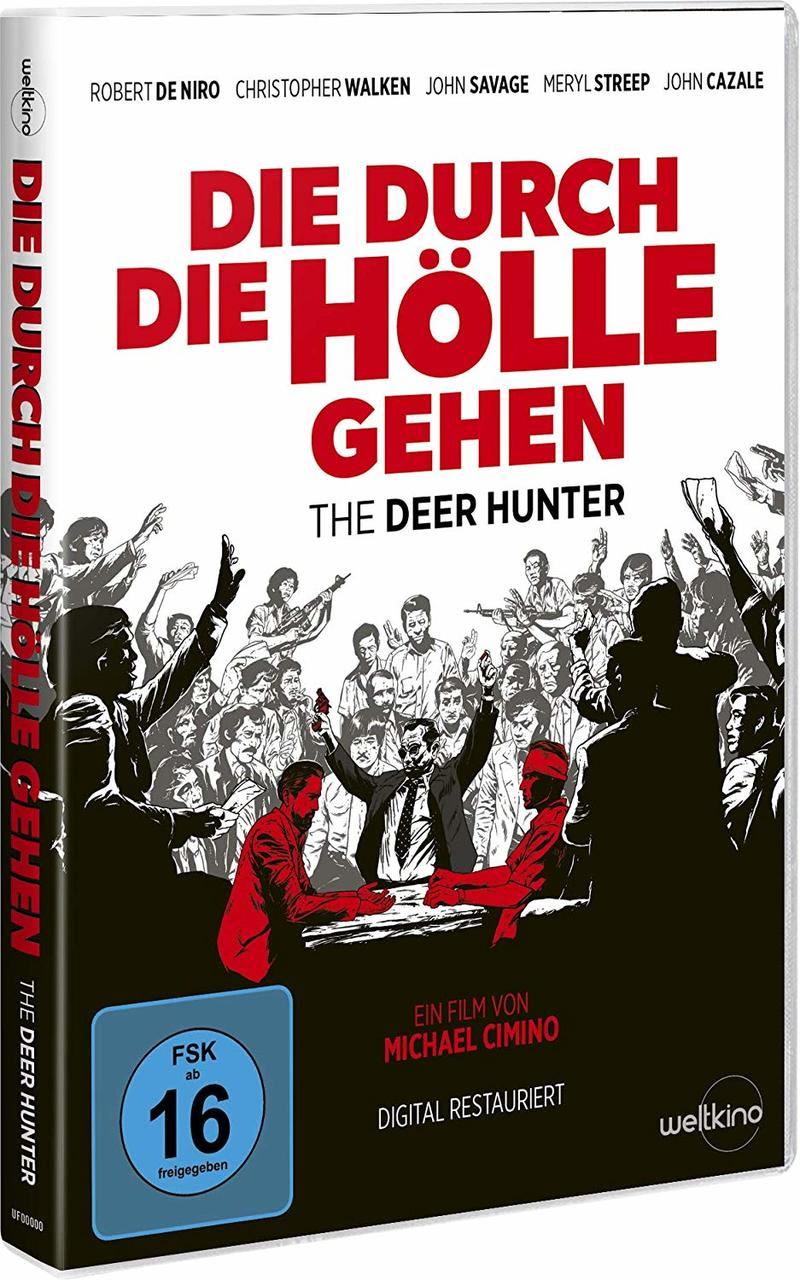 DVD-Cover, roter und weißer Text, Illustration einer Menge mit Waffen.