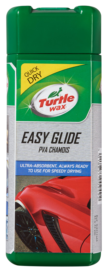 Zöld-fehér Turtle Wax flakon. A szöveg Easy Glide, PVA Chamois. Piros autós kép elöl.
