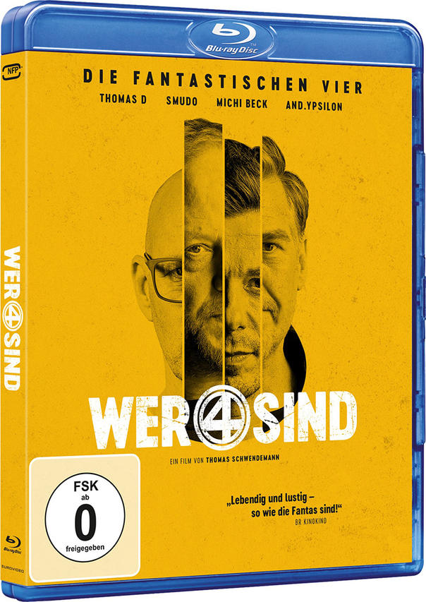 DVD-Cover für Die Fantastischen Vier Wer 4 Sind. Vier Gesichter auf der Vorderseite, gelber Hintergrund.