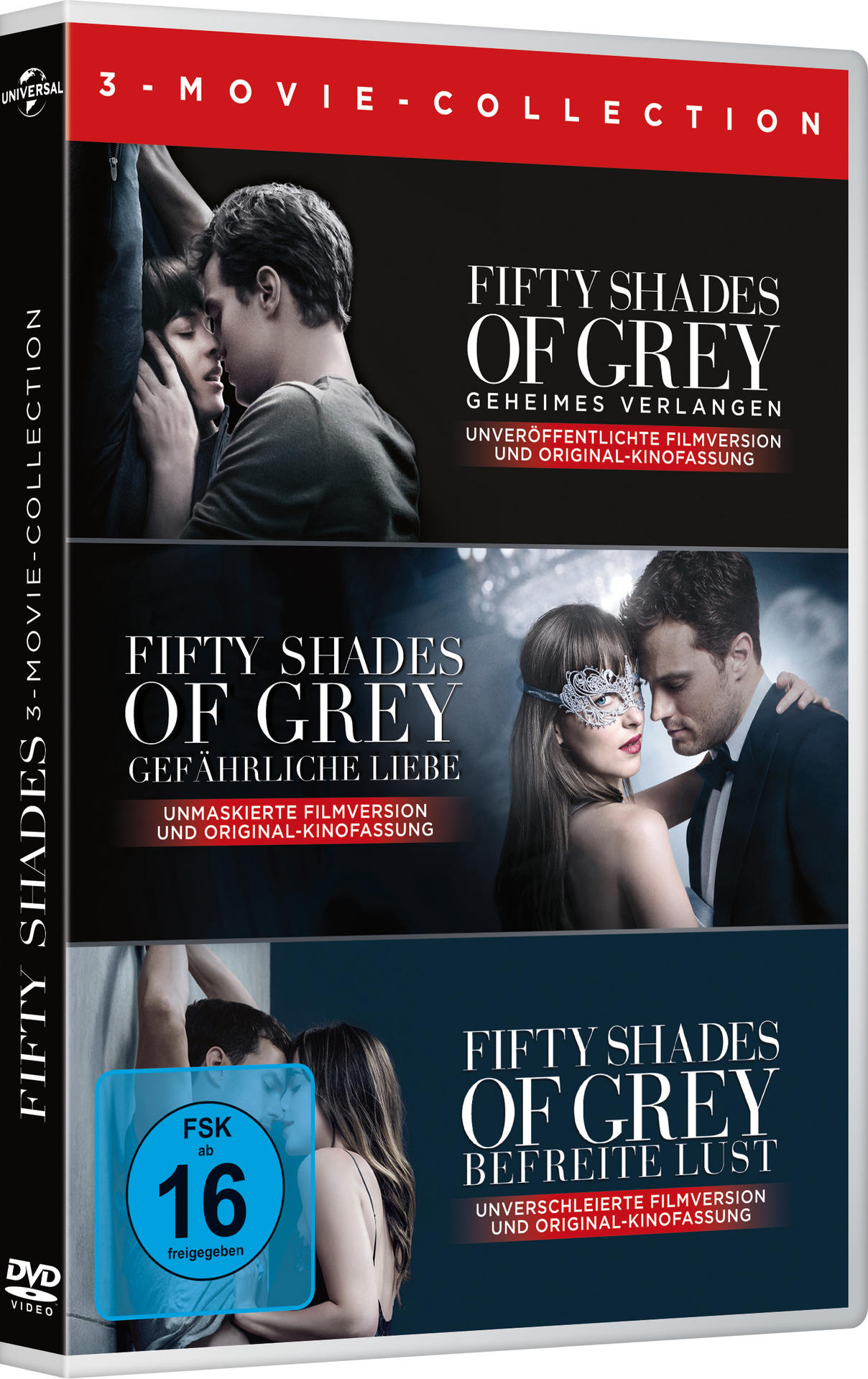 DVD-Box-Set der 'Fifty Shades of Grey'-Trilogie. Cover der Filme sind sichtbar.