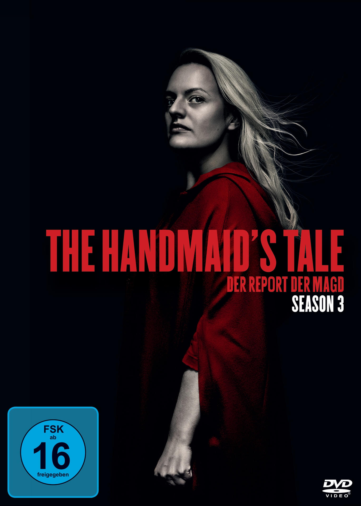 DVD-Cover. Eine Frau in einem roten Umhang blickt den Betrachter an. Titel: The Handmaid's Tale, Staffel 3.