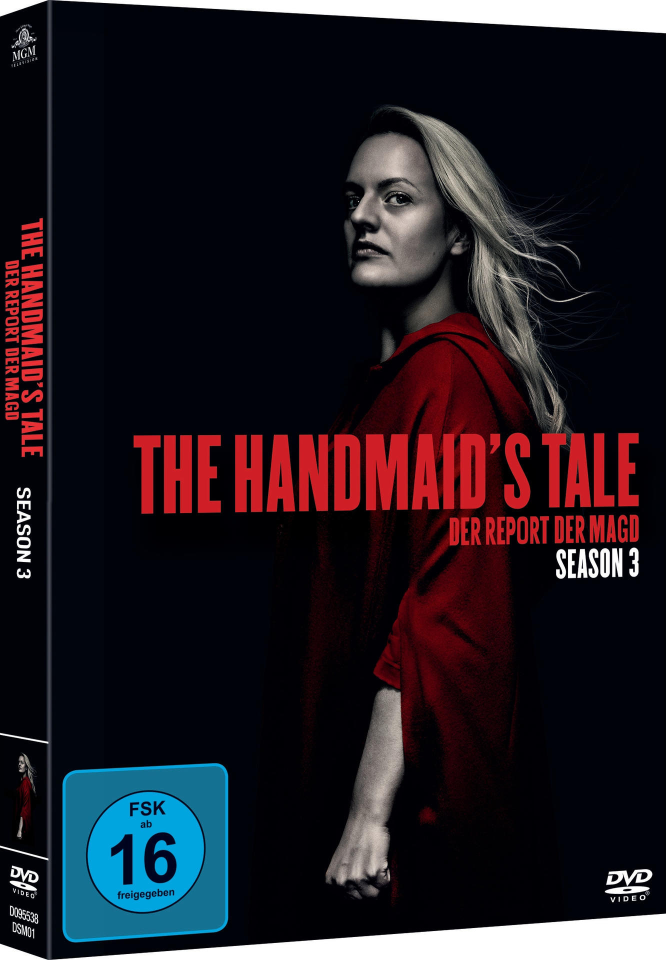 DVD-Hülle von The Handmaid's Tale, Staffel 3, mit einer Frau in rotem Umhang.