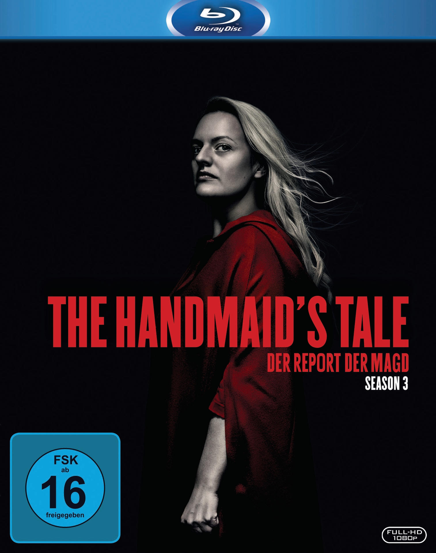 Blu-ray-Cover von "The Handmaid's Tale" Staffel 3, mit einer Frau in einem roten Umhang.