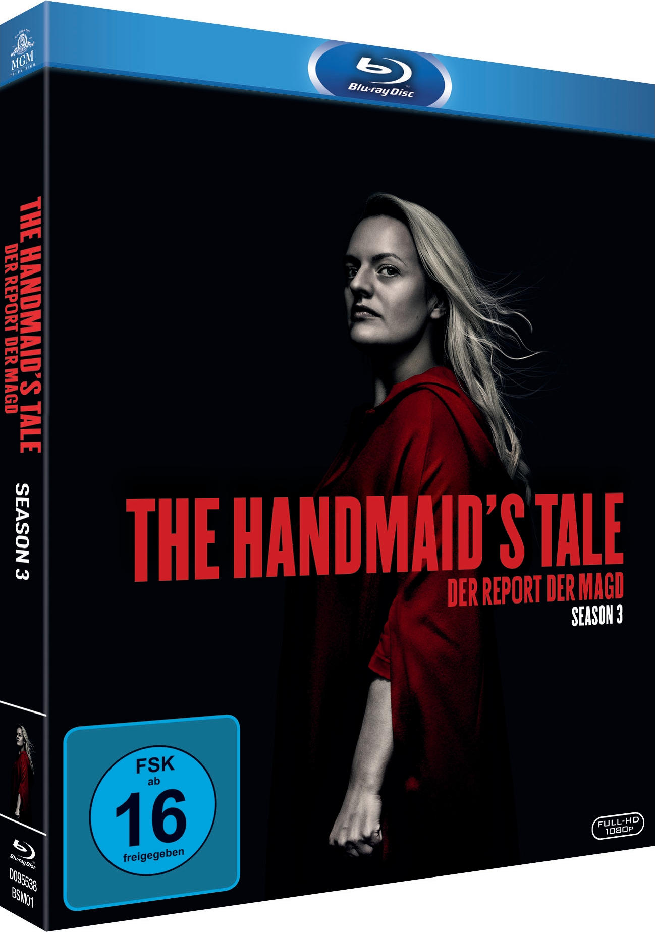 Blu-ray-Hülle. The Handmaid's Tale Staffel 3 Cover. Frau in rotem Mantel, schwarzer Hintergrund.