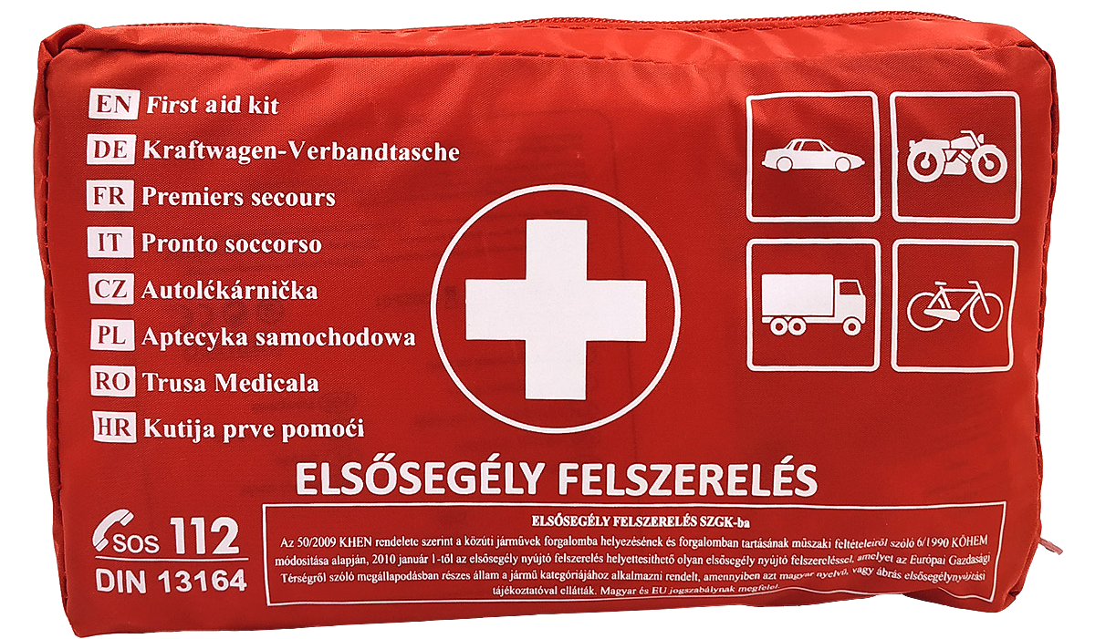 Piros elsősegély-készlet orvosi szimbólumokkal és szöveggel több nyelven.